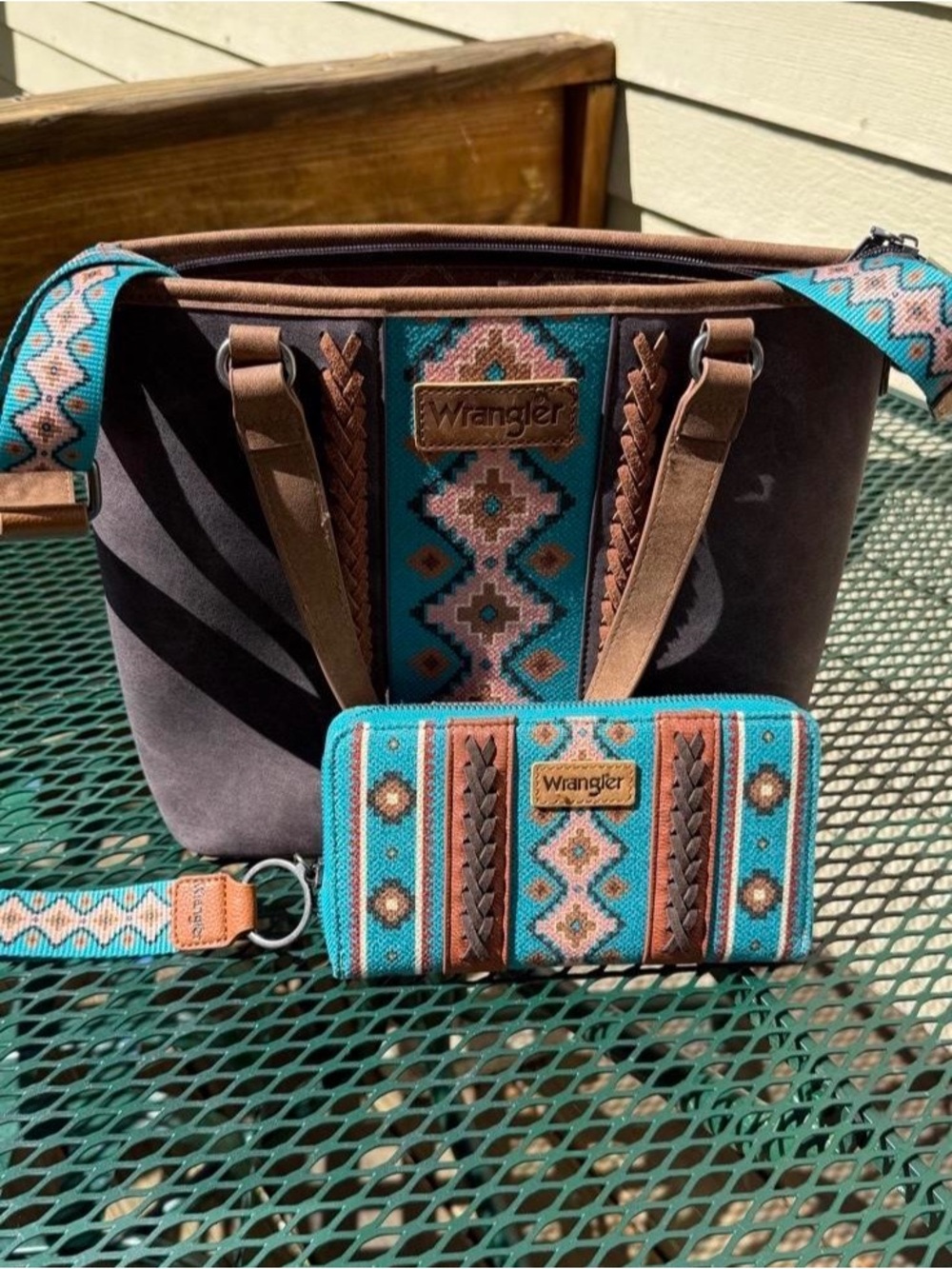 Wrangler Turquoise and Brown Southwestern Tote with Matching Wallet